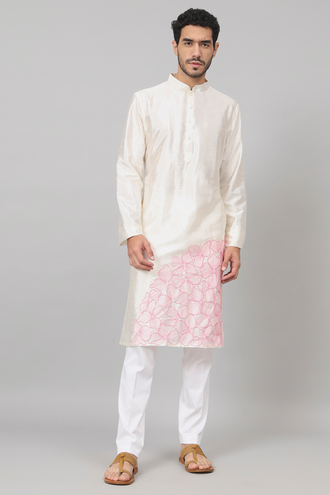 Ivoire — Off White Embroidered Semi Raw Silk Kurta