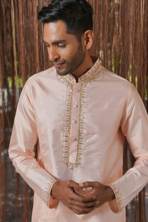 Mrudanga Kanjivaram — Light Pink Thread Embroidered Kanjivaram Pattu Silk Kurta Set