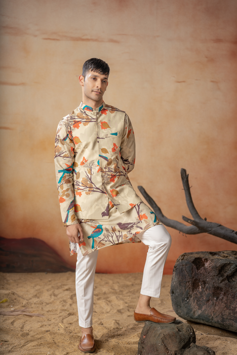 Avescape — Beige Nature Printed Cotton Satin Nehru Jacket Set