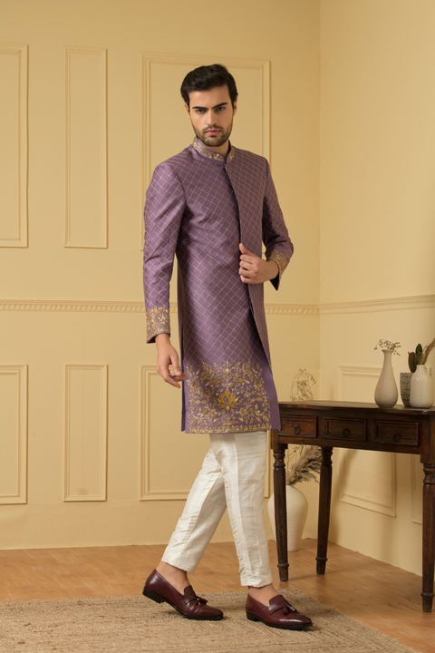 Marfil — Lilac Hand Embroidered Dupion Silk Sherwani