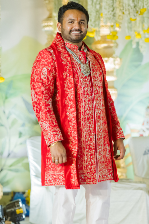 Royal Vermilion — Vermilion Hand Embroidered Dupion Silk Sherwani