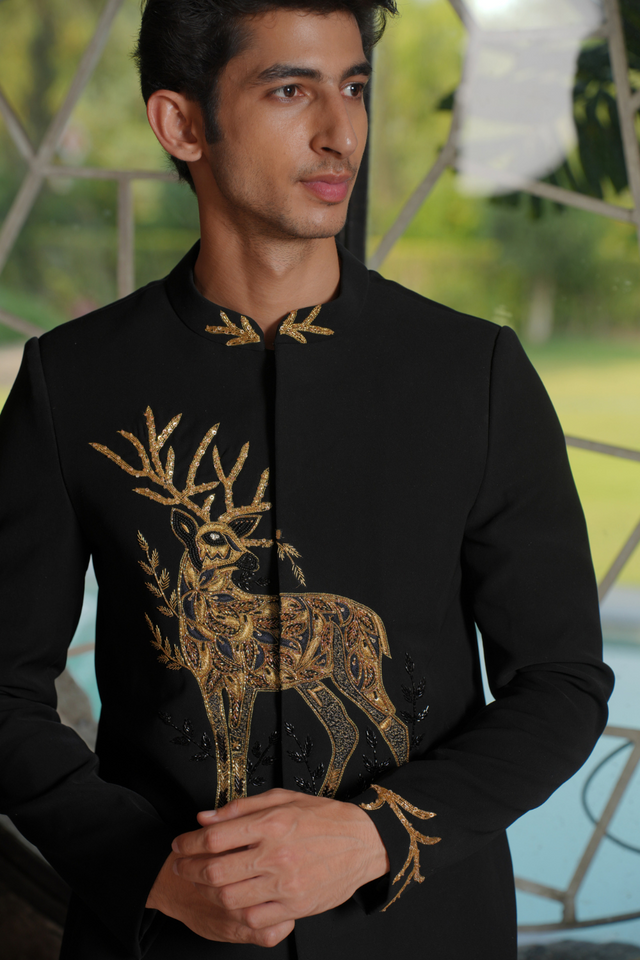 Winter Crest — Black Gold Zardozi British Suede Suiting Bandhgala