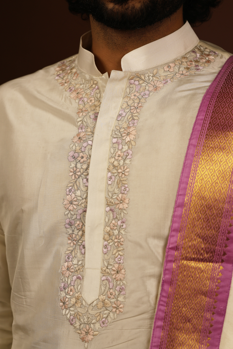 Rahn — Off-White Lavender Thread Embroidered Pattu Kurta Set