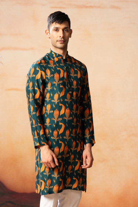 Peacock — Teal & Orange Peacock Print Silk Kurta