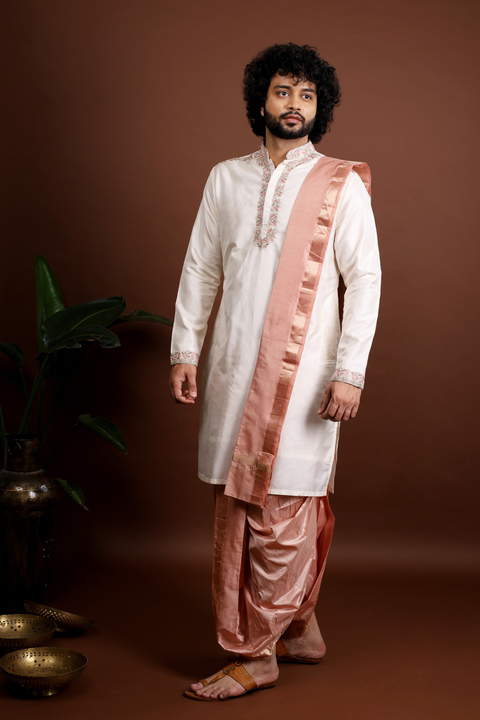 Regio — Beige Peach & Copper Hand Embroidered Kanjivaram Pattu Kurta Set