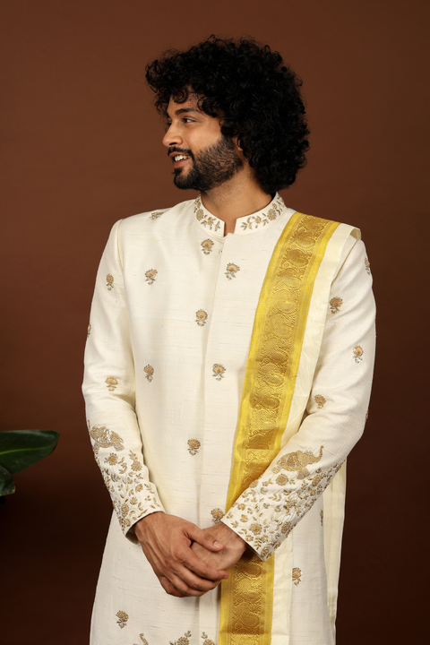 Oro — Off White Gold Hand Embroidered Raw Silk Sherwani & Dhoti Set