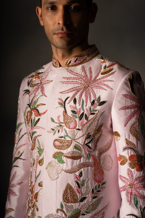 Pink Haven — Pink Hand Embroidered Dupion Silk Sherwani