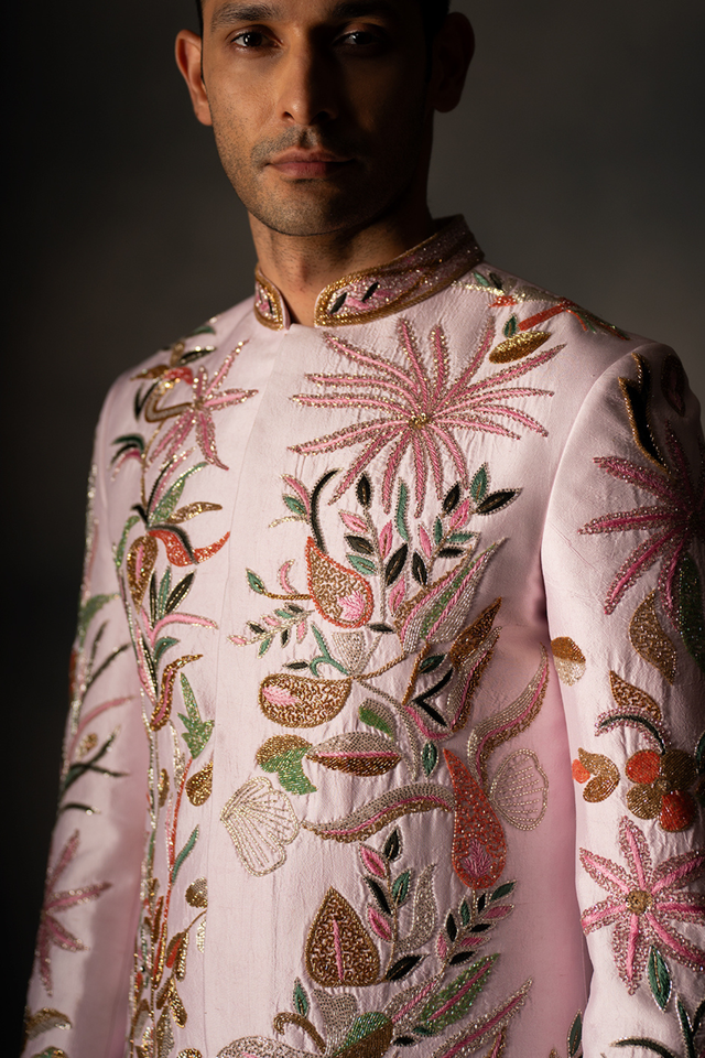Pink Haven — Pink Hand Embroidered Dupion Silk Sherwani