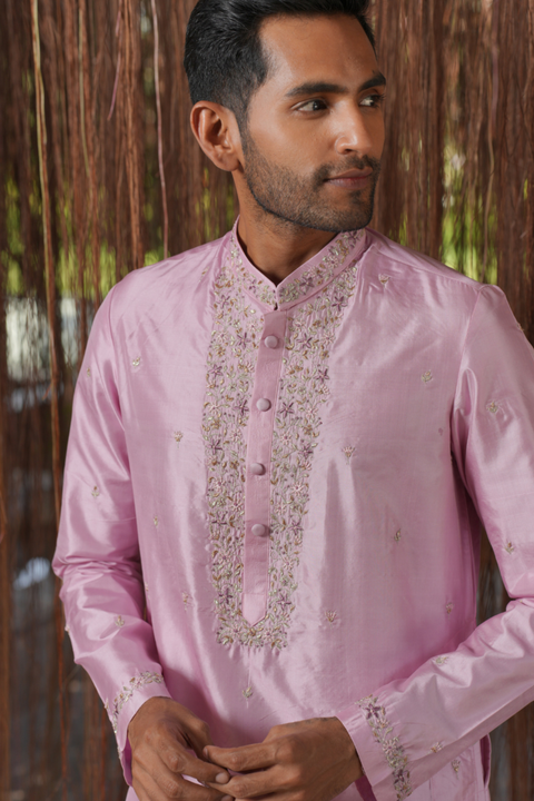 Iris Kanjivaram — Lavender Thread Embroidered Kanjivaram Pattu Silk Kurta Set