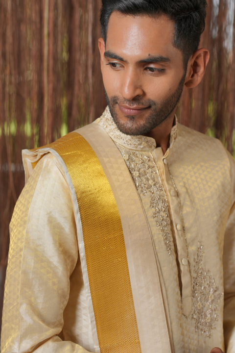 Ananta Kanjivaram — Cream Hand Embroidered Kanjivaram Pattu Silk Kurta Set