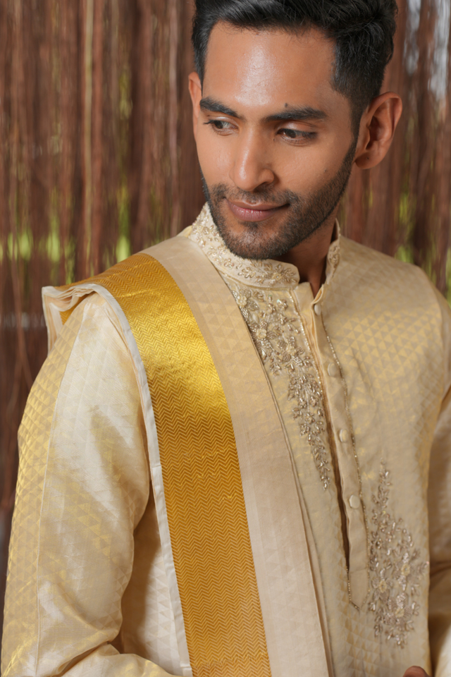 Ananta Kanjivaram — Cream Hand Embroidered Kanjivaram Pattu Silk Kurta Set