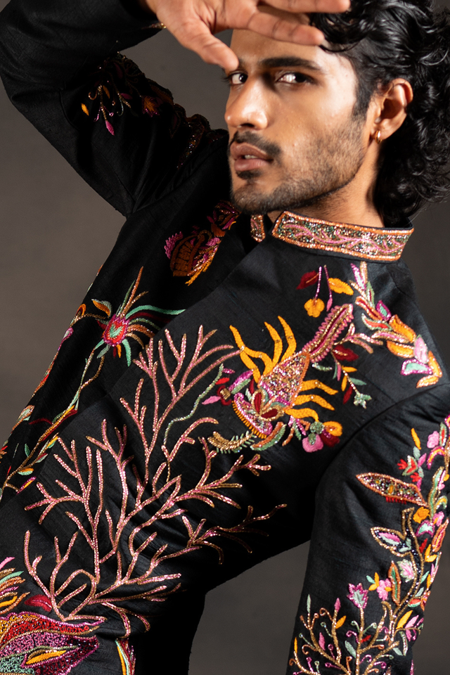 Black Tides — Black Hand Embroidered Raw Silk Sherwani