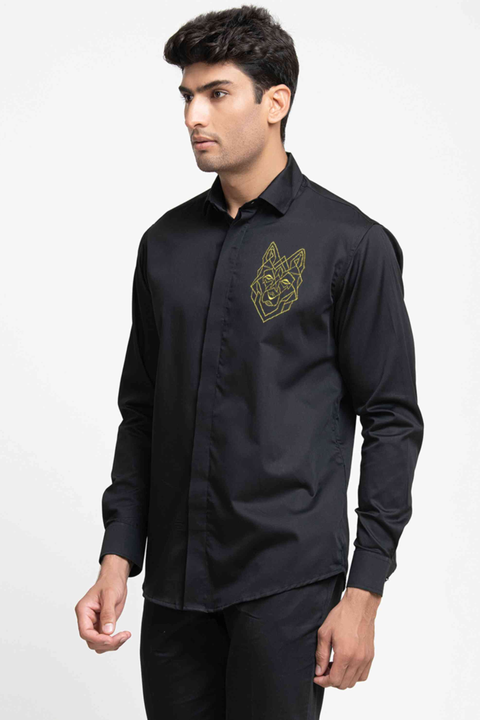 Perto Wolf — Black Wolf Embroidered Cotton Satin Shirt