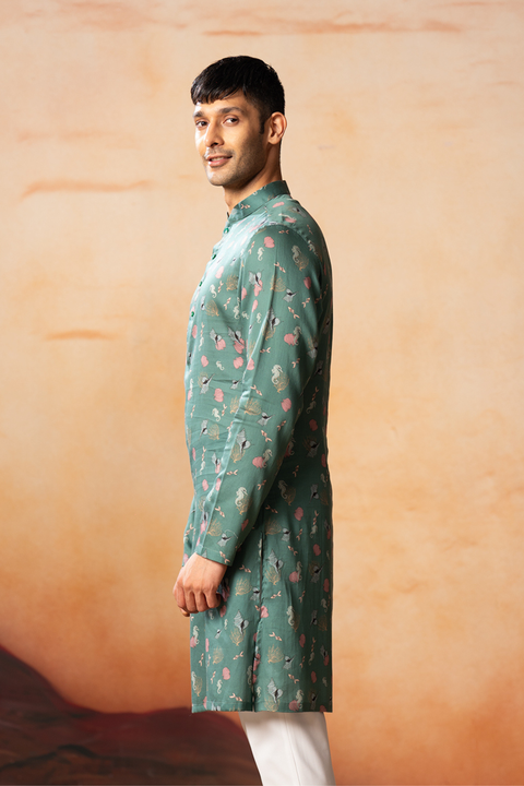 Green Floral — Green Floral Print Cotton Kurta