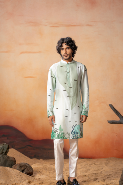 Oceanic — Sky Blue Marine Print Cotton Kurta