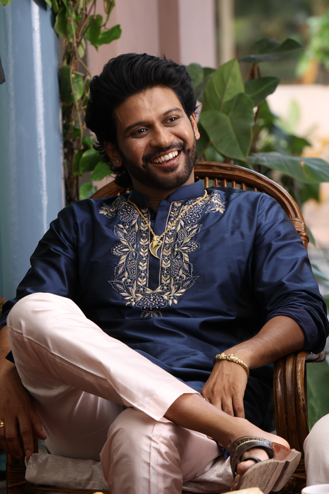 Navy Noor — Navy Hand Embroidered Dupion Silk Kurta Set