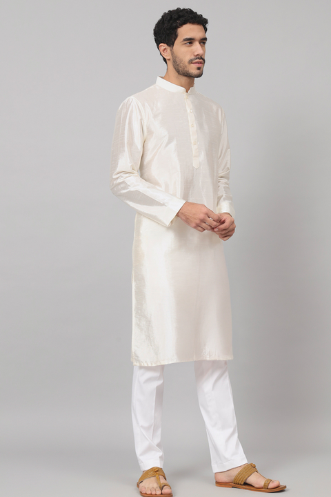 Off White Plain — Falling Raw Silk Kurta