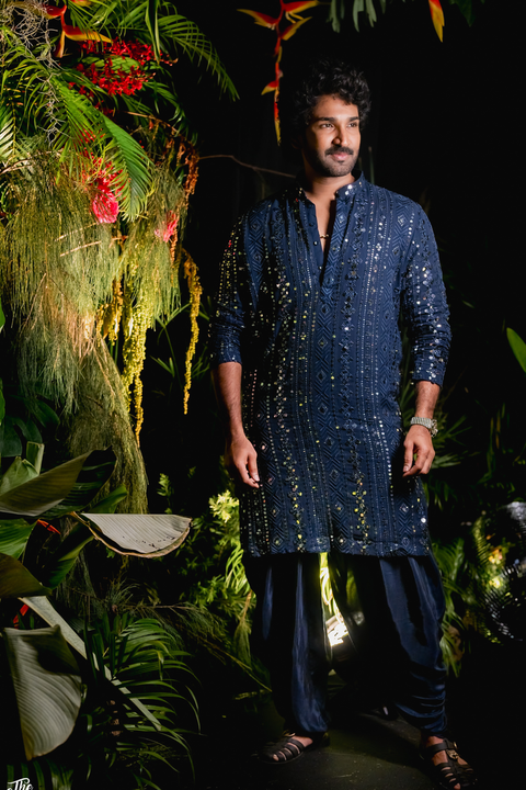 Scrito — Navy Blue Mirror & Sequin Embroidered Silk Kurta