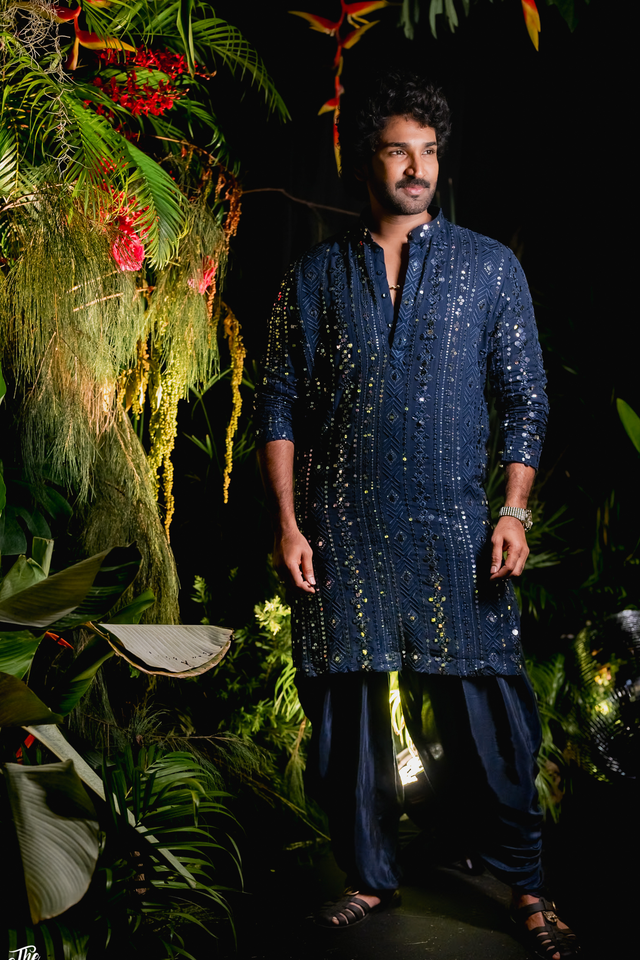 Scrito — Navy Blue Mirror & Sequin Embroidered Silk Kurta
