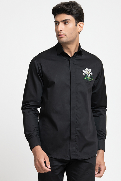 Leafy Petal — Black Hand Embroidered Giza Cotton Shirt