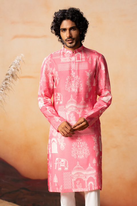 Arco — Pink Botanical Print Russian Silk Kurta