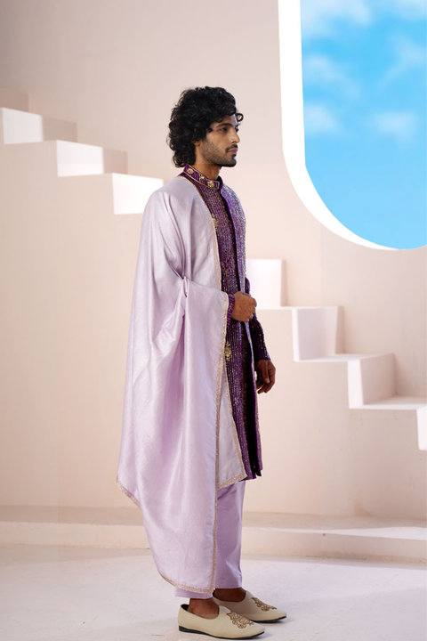 Majestique — Purple Hand Embroidered Raw Silk Sherwani