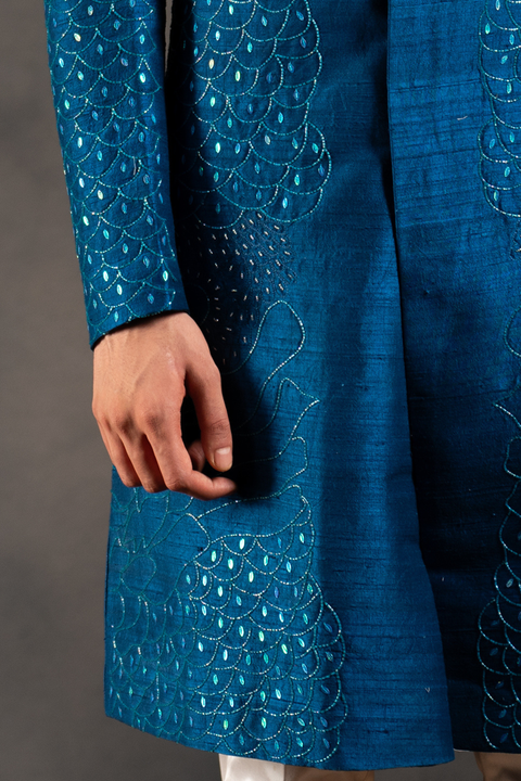 Starlit Indigo — Indigo Hand Embroidered Raw Silk Sherwani