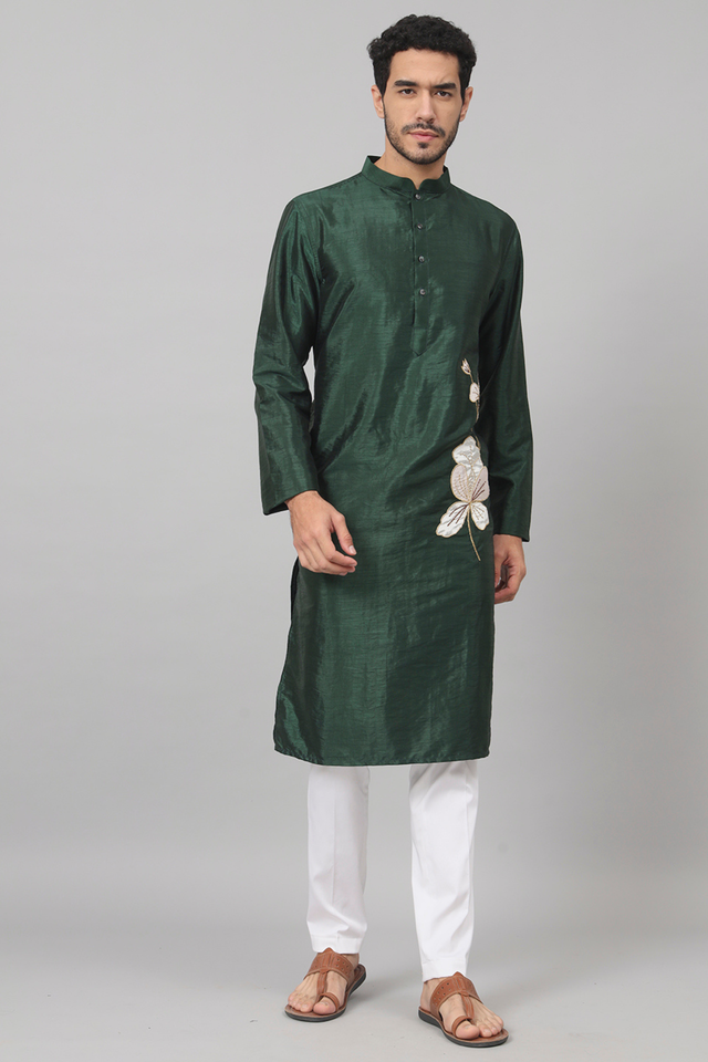 Wijze — Green Embroidered Falling Raw Silk Kurta