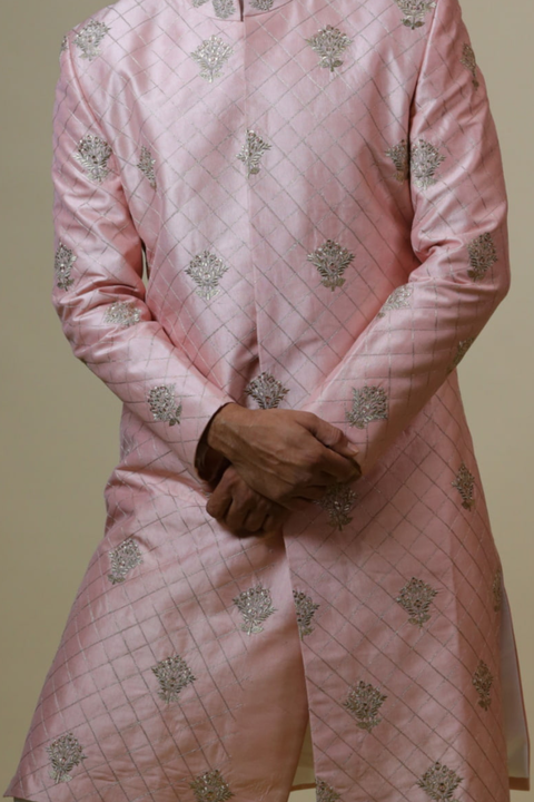 Light Coral — Coral Hand Embroidered Raw Silk Sherwani