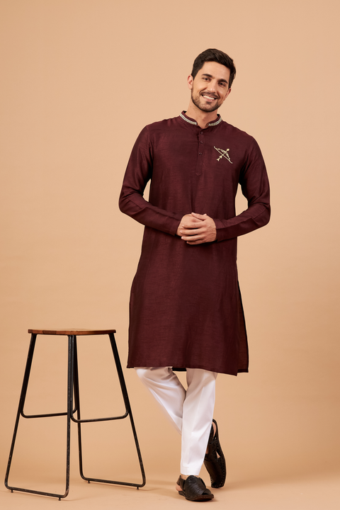 Adira — Maroon Zari Embroidered Falling Raw Silk Kurta