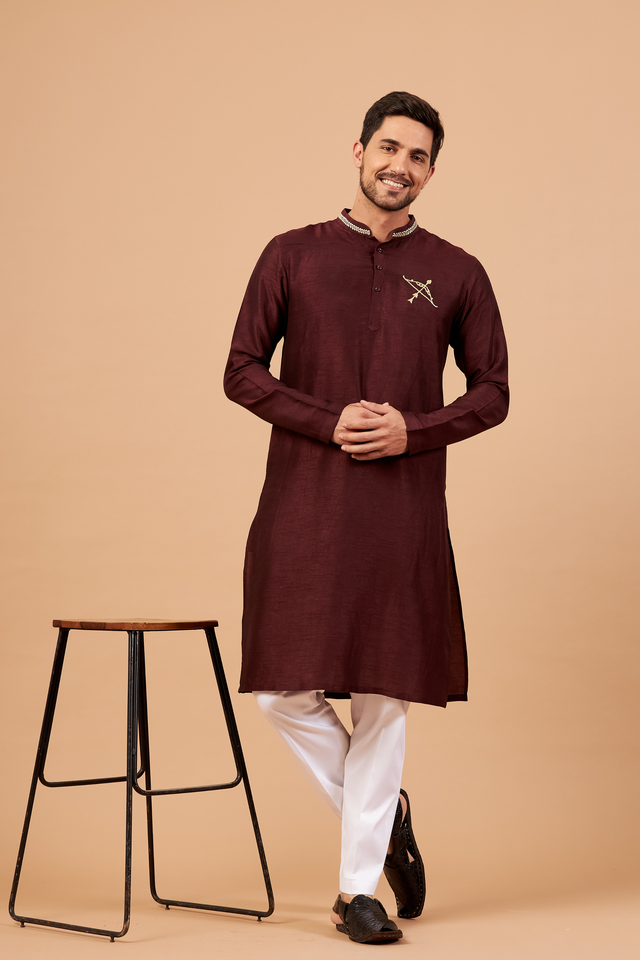Adira — Maroon Zari Embroidered Falling Raw Silk Kurta