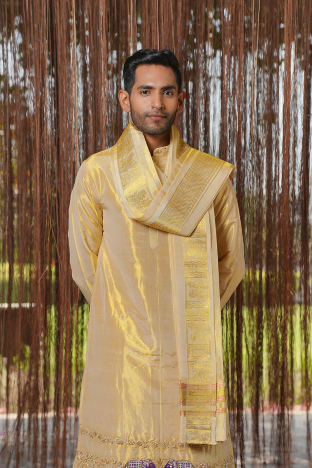 Varna Kanjivaram — Gold Thread Embroidered Kanjivaram Pattu Tissue Silk Kurta Set