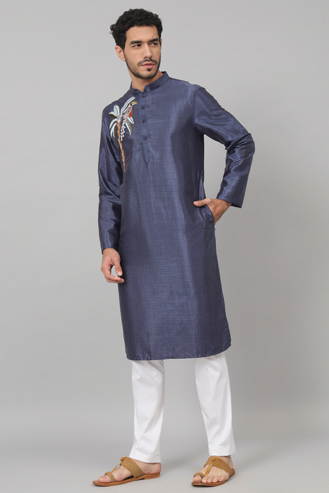Sapp — Blue Embroidered Semi Raw Silk Kurta
