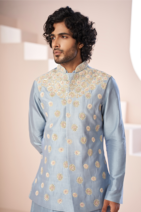Claro — Powder Blue Nature Printed Dupion Silk Nehru Jacket Set