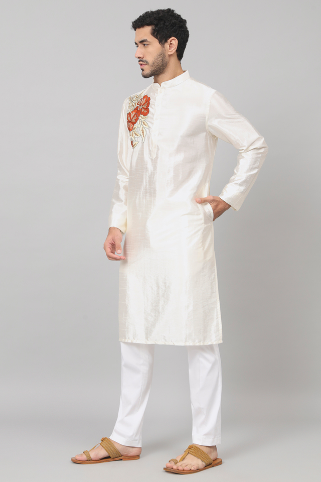 Beju — Off White Embroidered Falling Raw Silk Kurta
