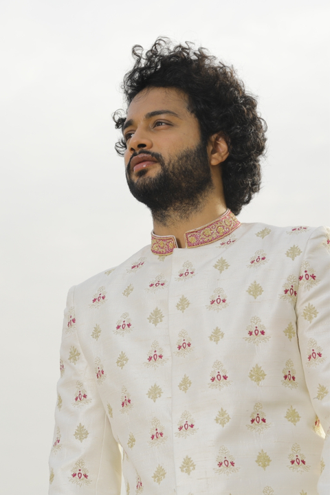 Irenic White — White Hand Embroidered Raw Silk Sherwani