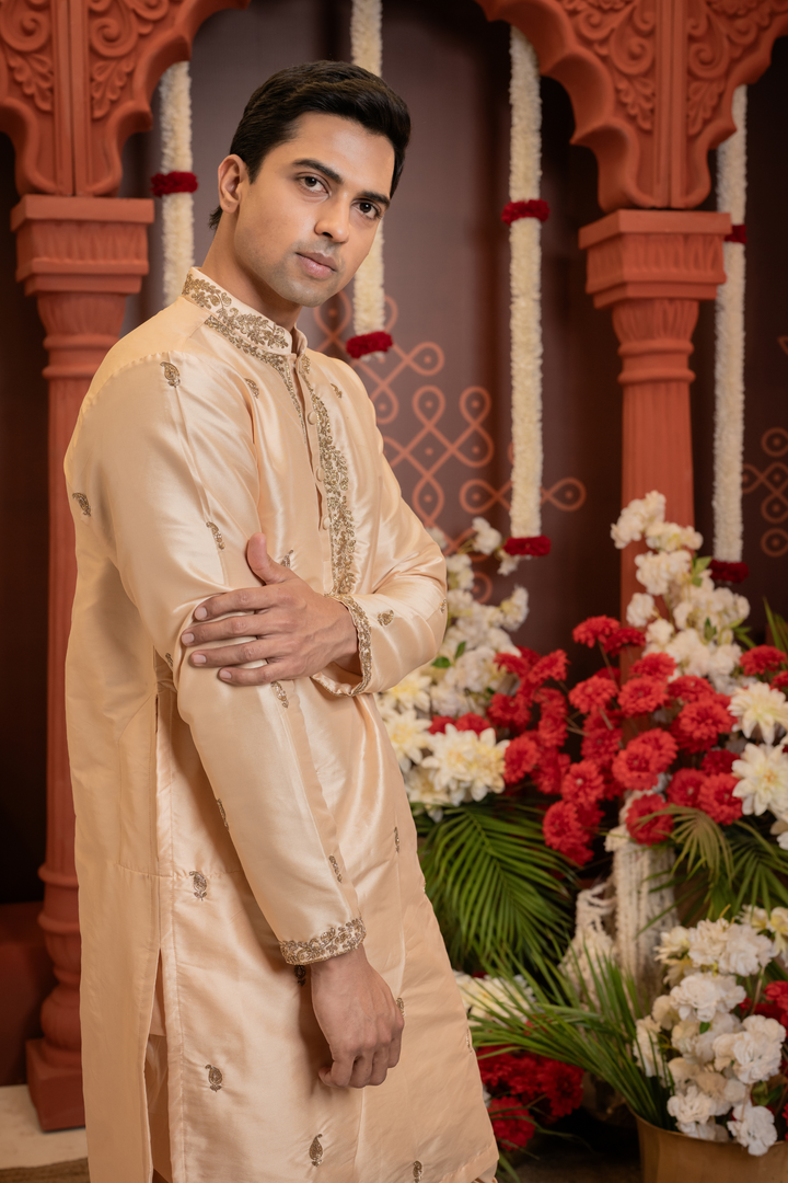 Vihaan — Pastel Peach Hand Embroidered Placket &amp; Figured Zari Brocade Border Semi Pattu Kurta + Dhoti &amp; Kanduva Set