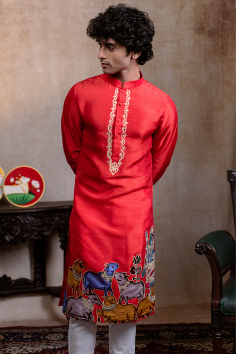 Padma Gopala — Red Krishna Mural Falling Raw Silk Kurta