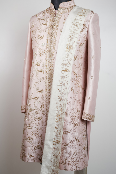 Blush Regal Aura — Beige Hand Embroidered Dupion Silk Sherwani