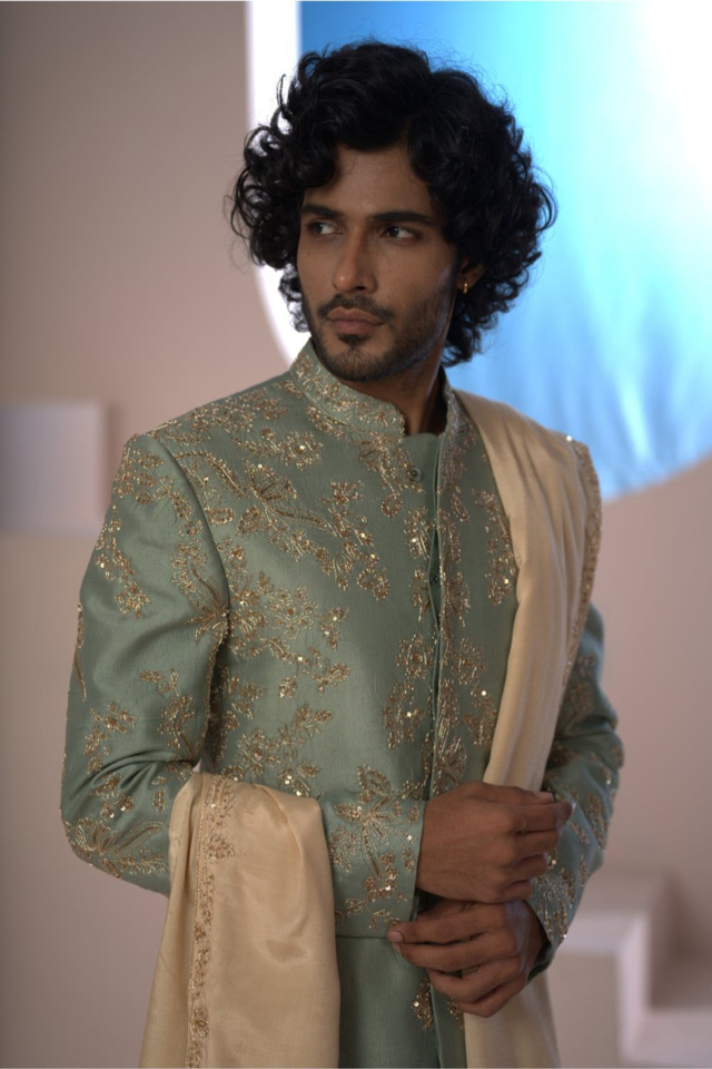 Aurelin — Olive Green Hand Embroidered Dupion Silk Sherwani