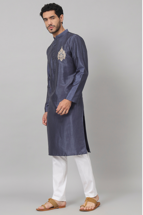 Cyan — Blue Embroidered Semi Raw Silk Kurta