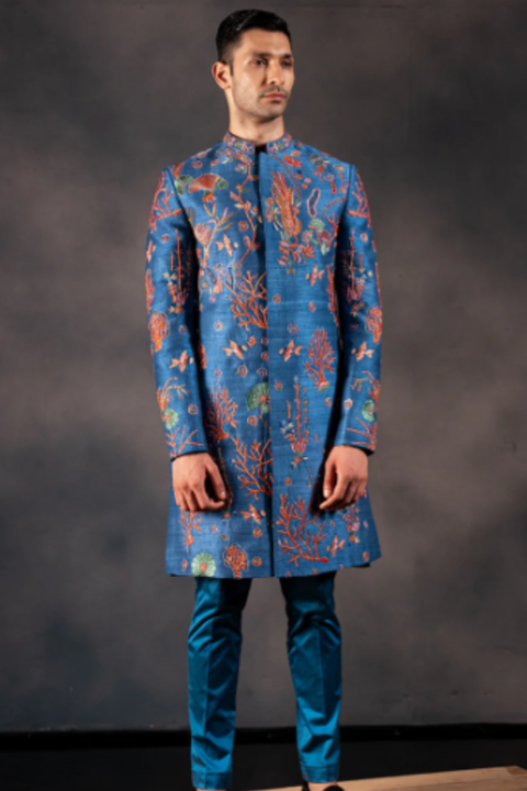 Coral Vogue — Blue Hand Embroidered Raw Silk Sherwani