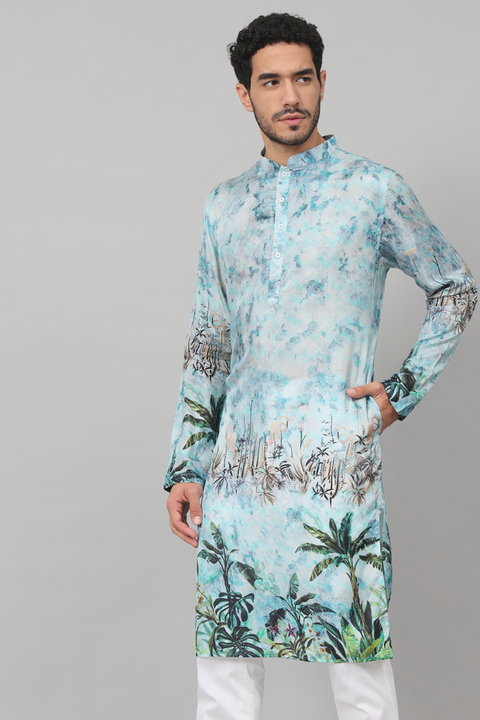 Sepia — Blue Palm Tree Print Silk Kurta