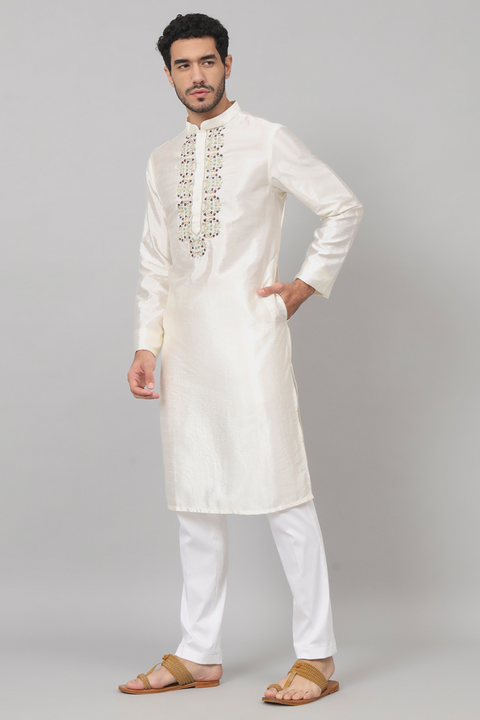 Rein — Off White Embroidered Semi Raw Silk Kurta