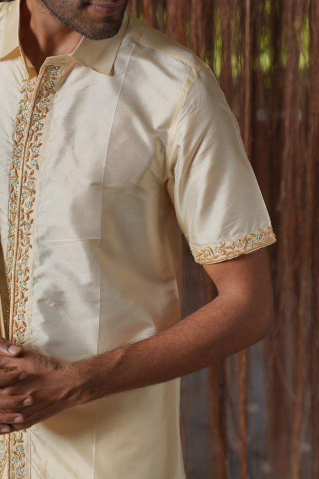 Sitara Kanjivaram — Sandstone Thread Embroidered Kanjivaram Pattu Silk Shirt & Lungi Set