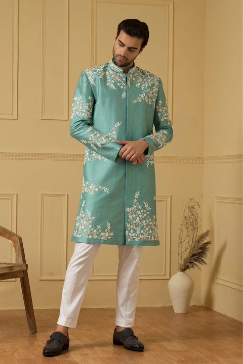 Marino — Sage Green Hand Embroidered Dupion Silk Sherwani