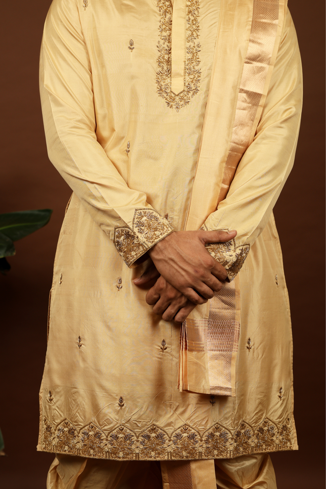 Dorado — Rose Gold Hand Embroidered Pattu Kurta Set