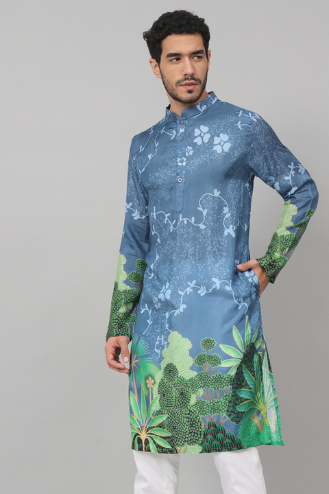 Vriksh — Blue Tree Bark Print Silk Kurta