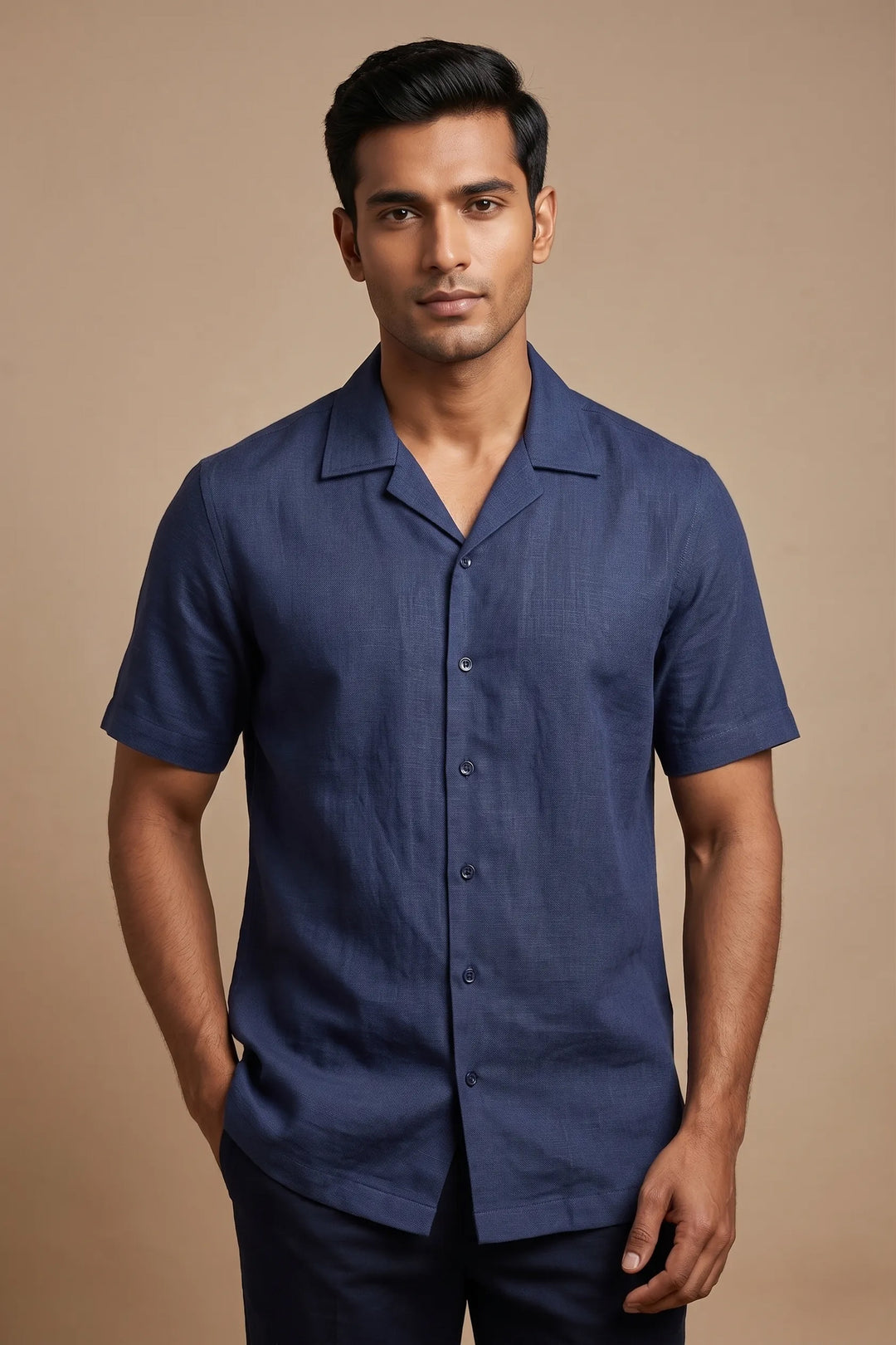 Blue cotton flex shirt with relaxed fit and open collar — Reverie by HILO DESIGN