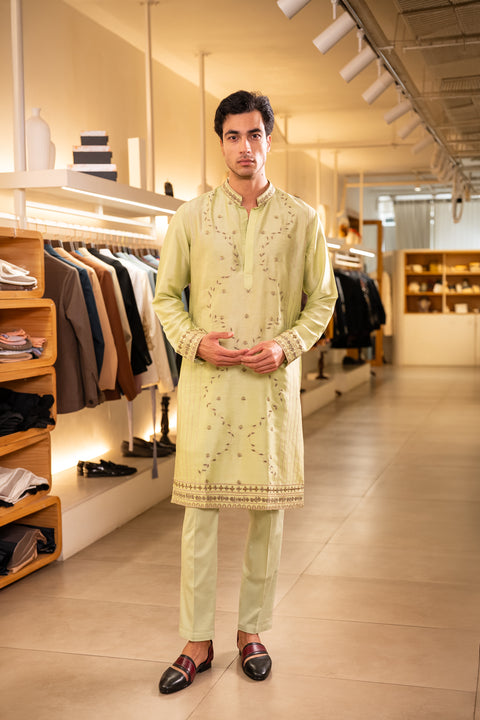 Omara — Lime Green Hand Embroidered Falling Raw Silk Kurta